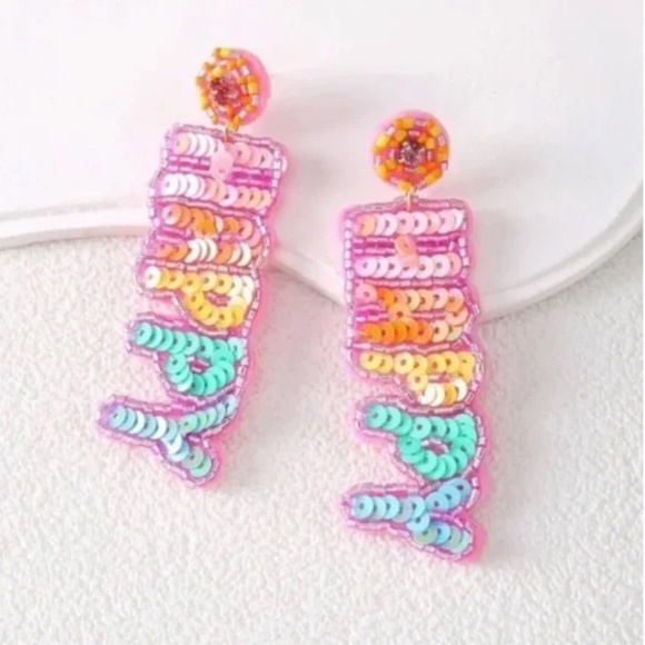❤️❤️ FREE Rainbow Happy Sequin Long Drop Hipster Chic Art Artsy Modern Earrings - Picture 5 of 5